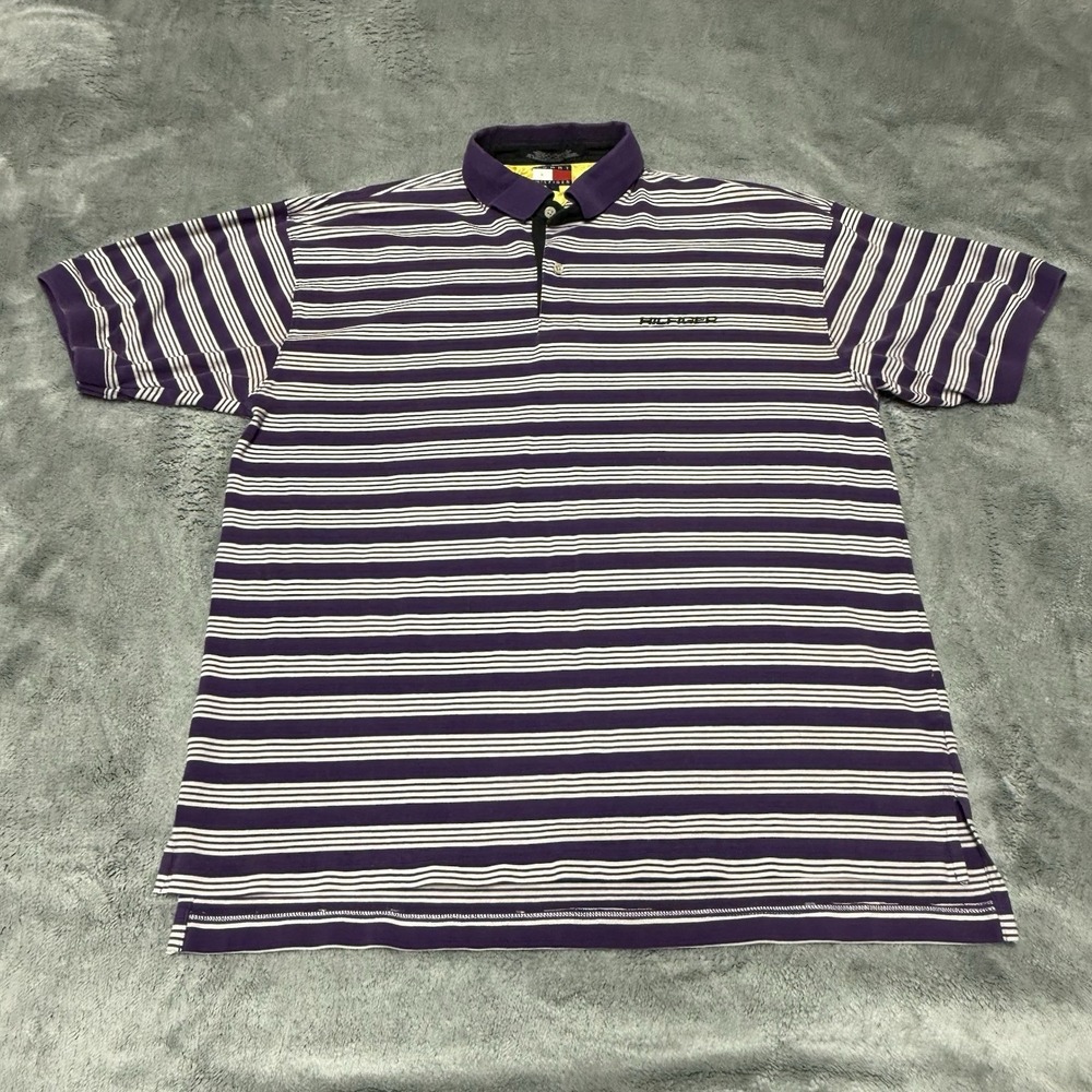 VINTAGE Tommy Hilfiger Polo Short Sleeve Shirt Adult L Purple White Stripes